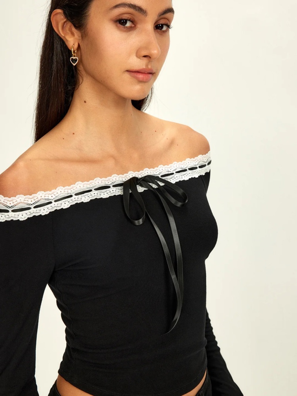Commense Black Off-Shoulder Lace Trim Top with Ribbon